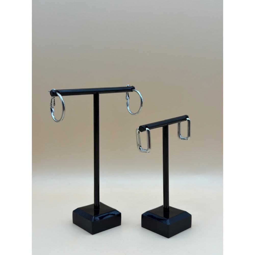 Silver Tone Hoop Earring Set Round and Rectangular Paperclip Minimalist 2 Pairs